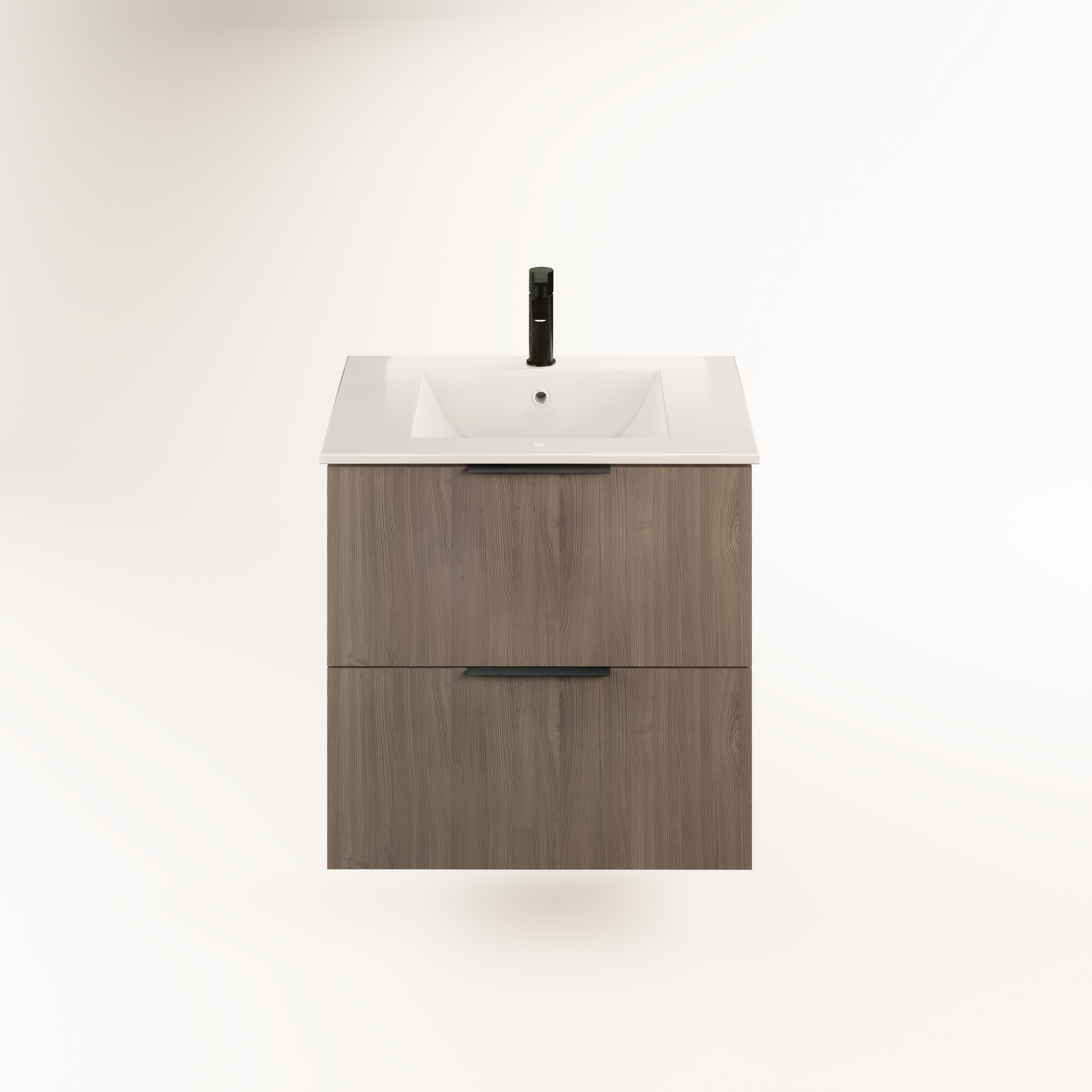 Pakabinama vonios spintele su naturalaus azuolo imitacijos fasadu balta kriaukle ir juodu maisytuvu