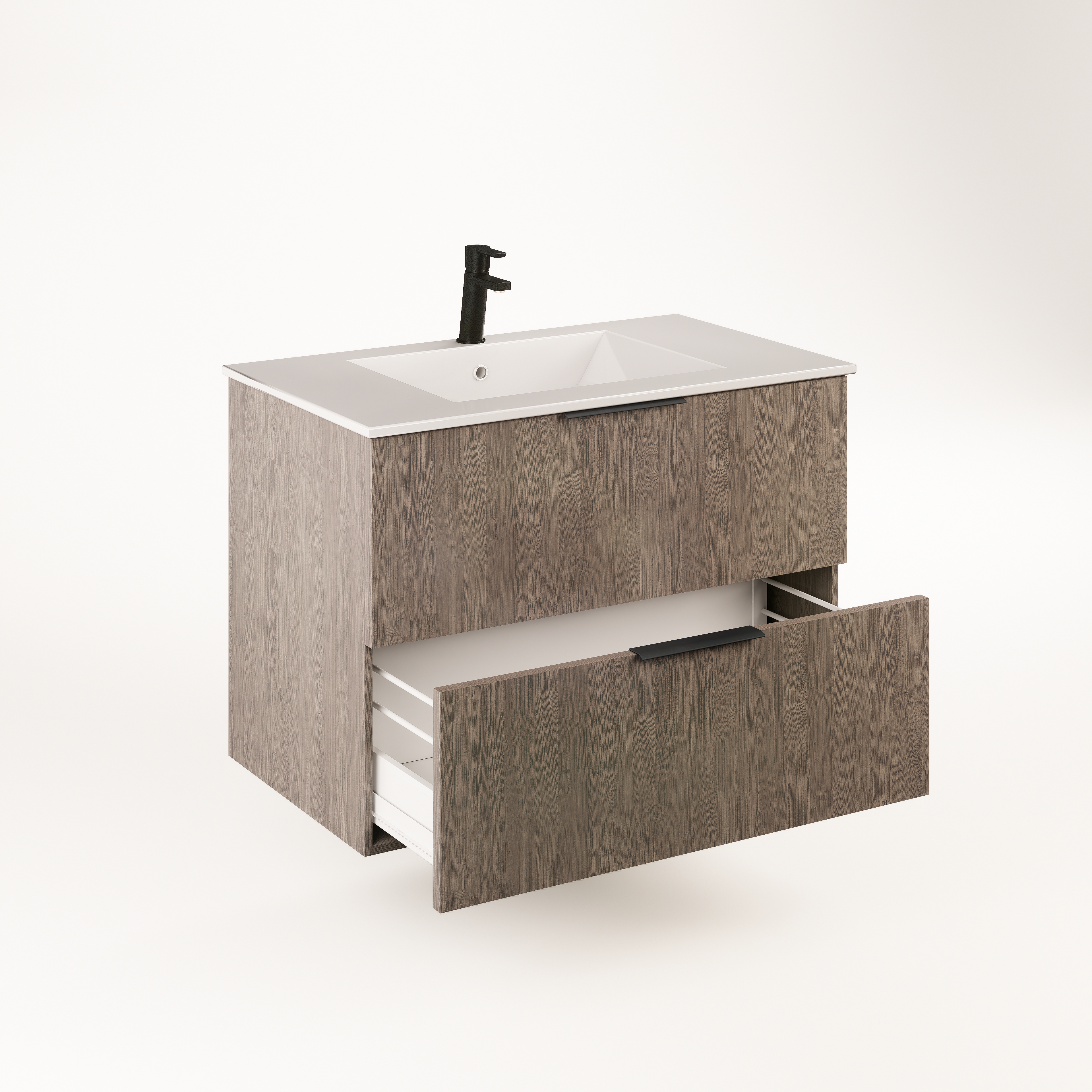 Pakabinama vonios spintele su rudos medienos imitacijos fasadu, dviem stalciais ir integruota kriaukle su juodu maisytuvu modernus ir talpus sprendimas