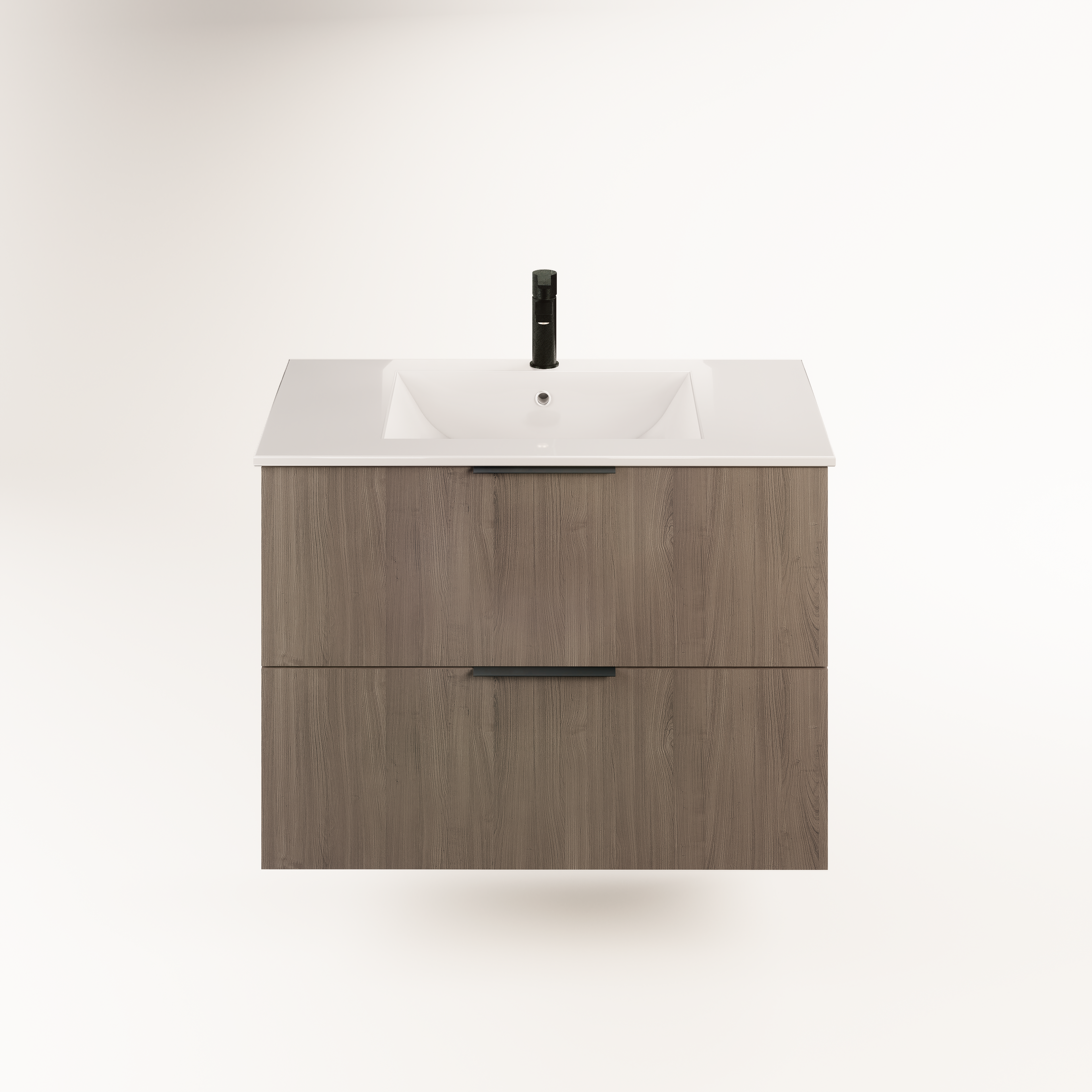 Ruda vonios spintele su dviem stalciais ir balta kriaukle pakabinamas modelis su juodais akcentais ir elegantisku dizainu