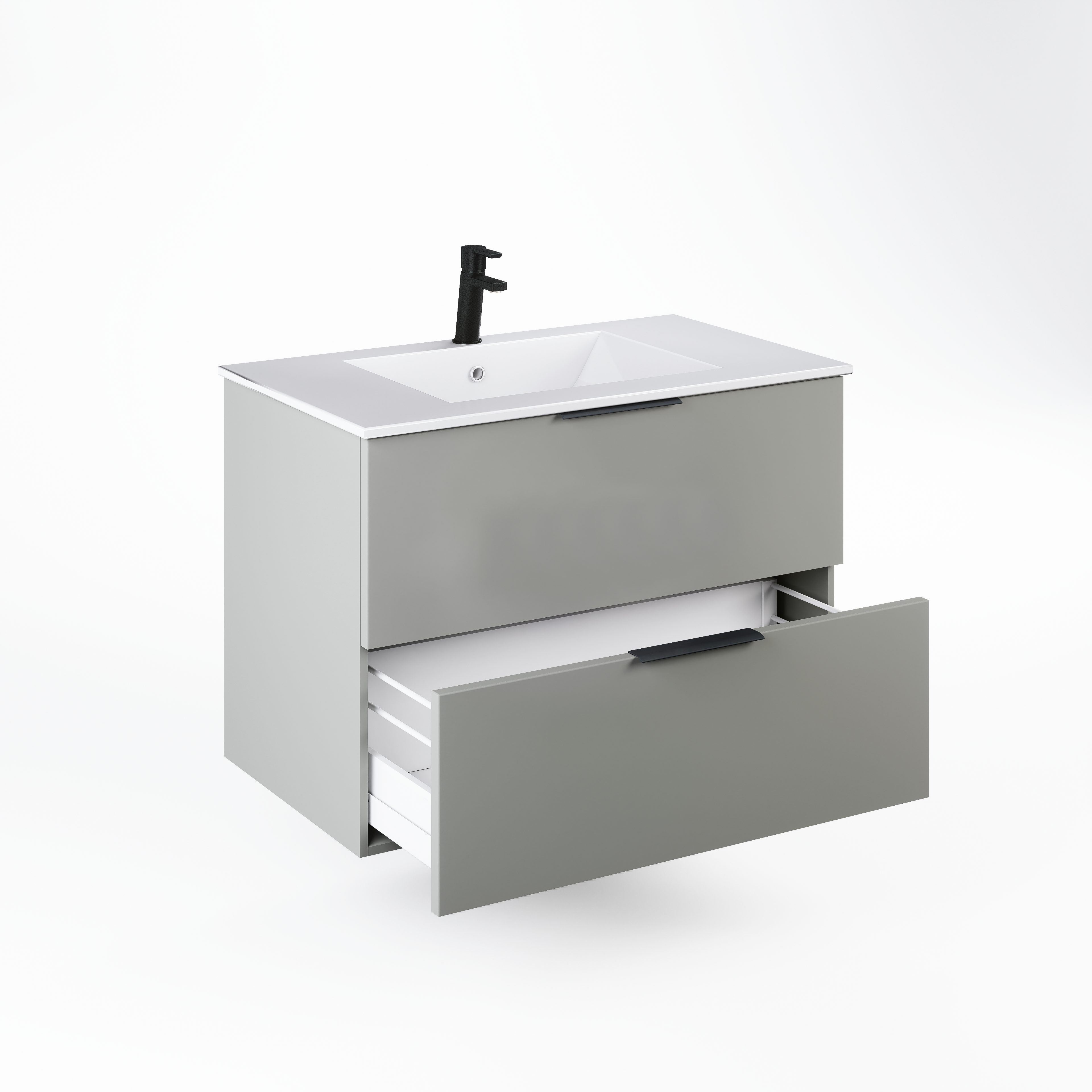 Pilka vonios spintele su dviem stalciais ir baltu praustuvu erdvi ir talpi zona susideti priemonems