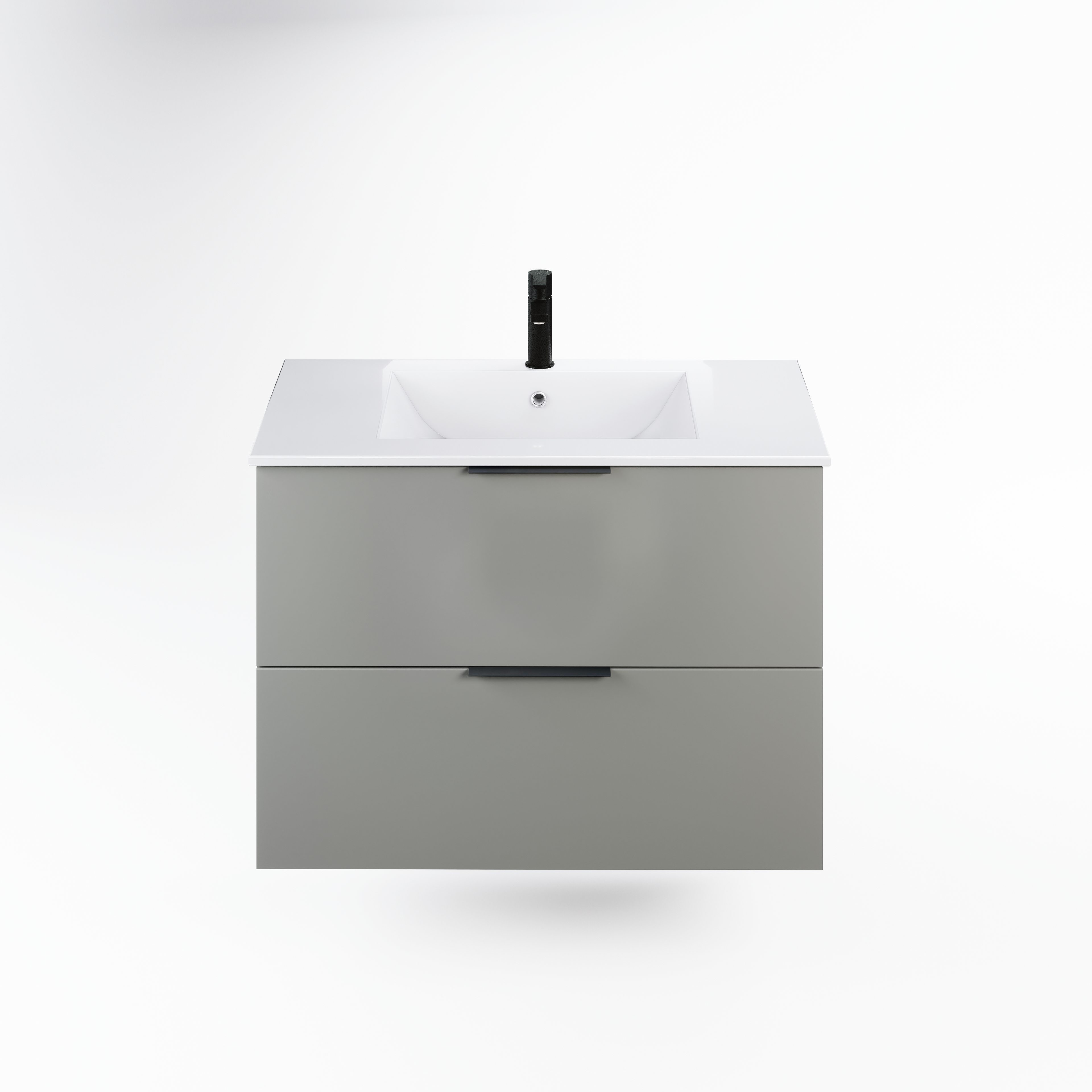 Stilinga pakabinama vonios spintele su integruotu praustuvu ir juodu maisytuvu lygaus pavirsiaus dizainas idealiai tinkantis siuolaikiniam interjerui