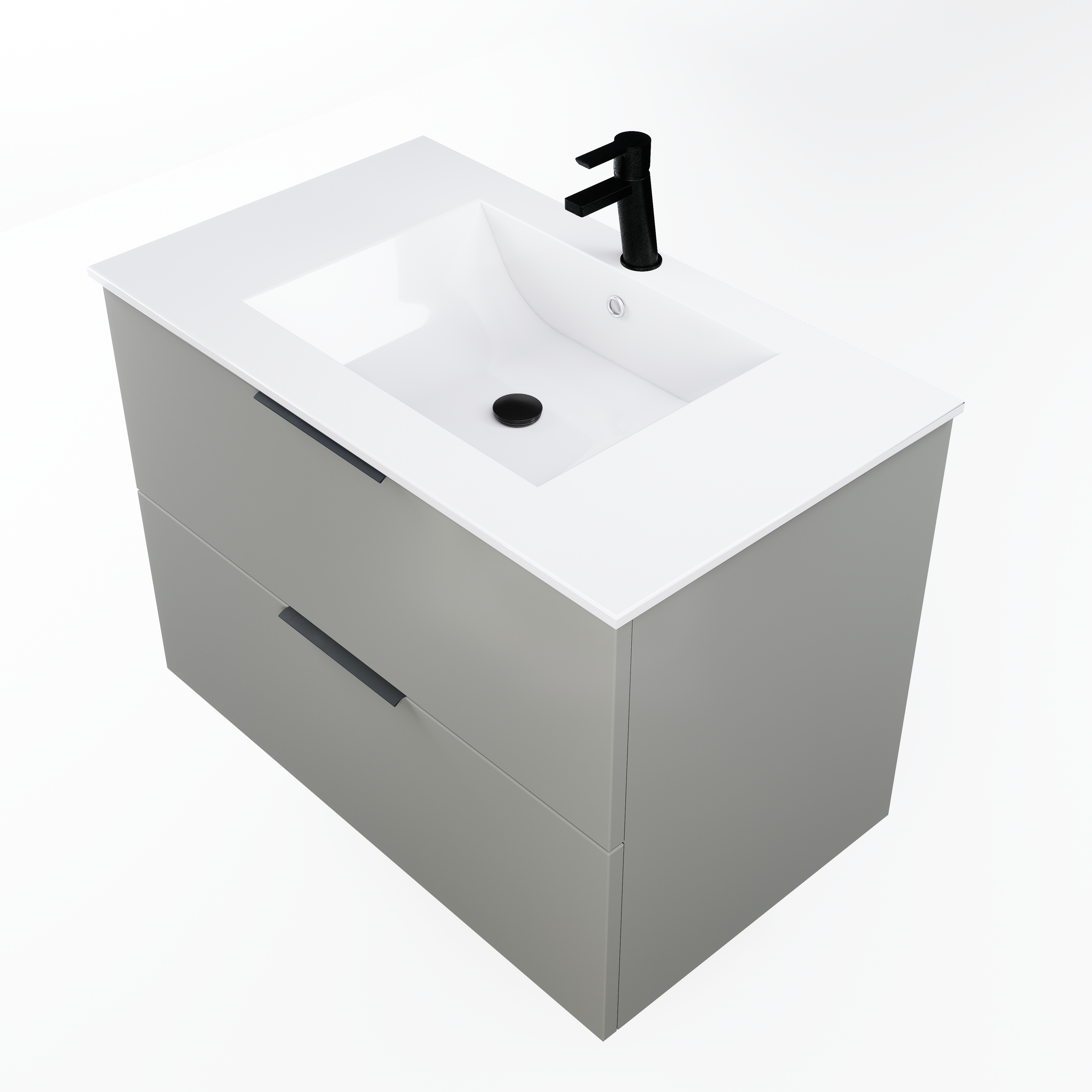 Moderni pakabinama vonios spintele su baltu staciakampiu praustuvu ir juodu maisytuvu pilkos spalvos fasadas su minimalistinemis rankenelemis