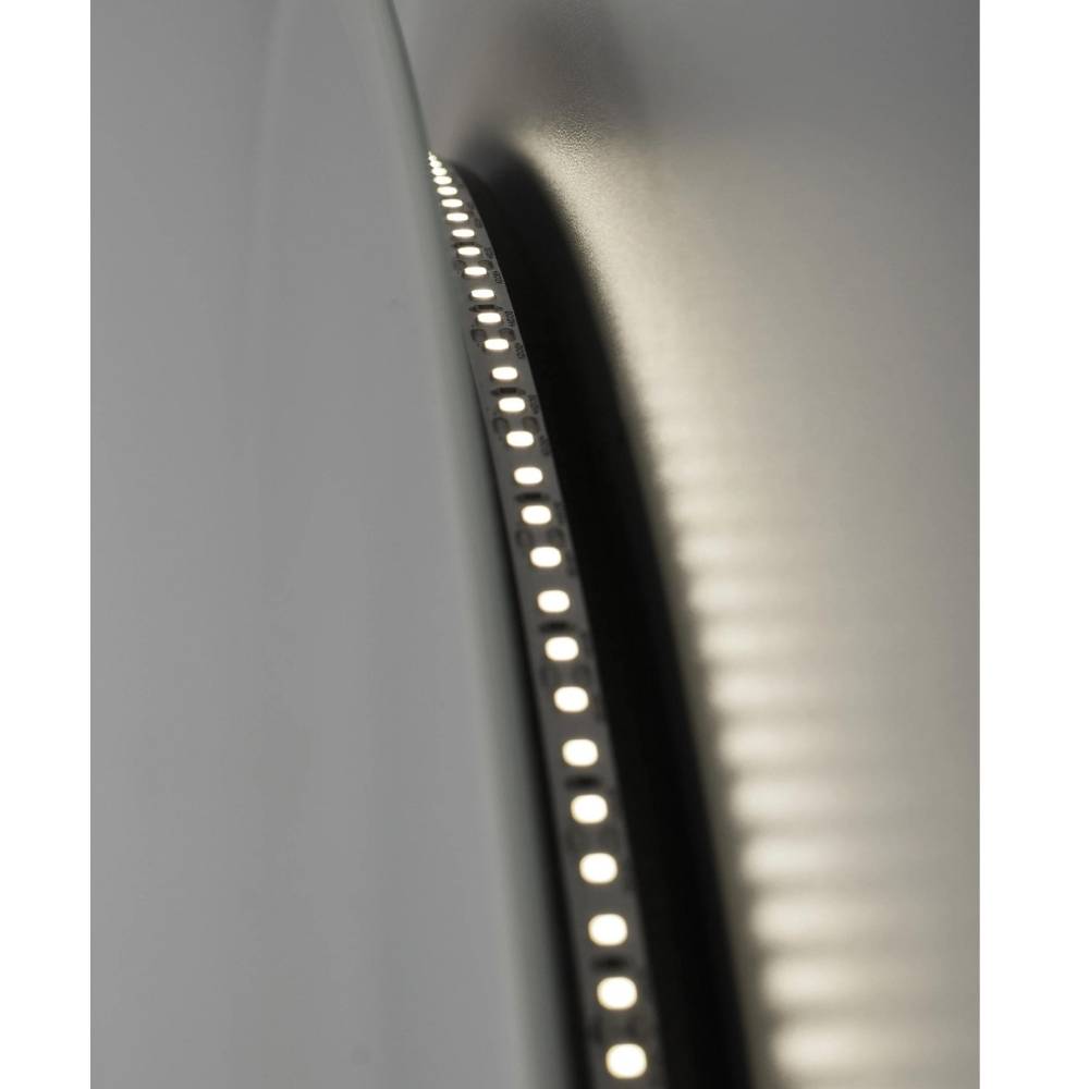 Elegantiskas ovalus LED veidrodis su integruotu apsvietimu, suteikiantis modernu ir subtilu dizaina vonios kambariui