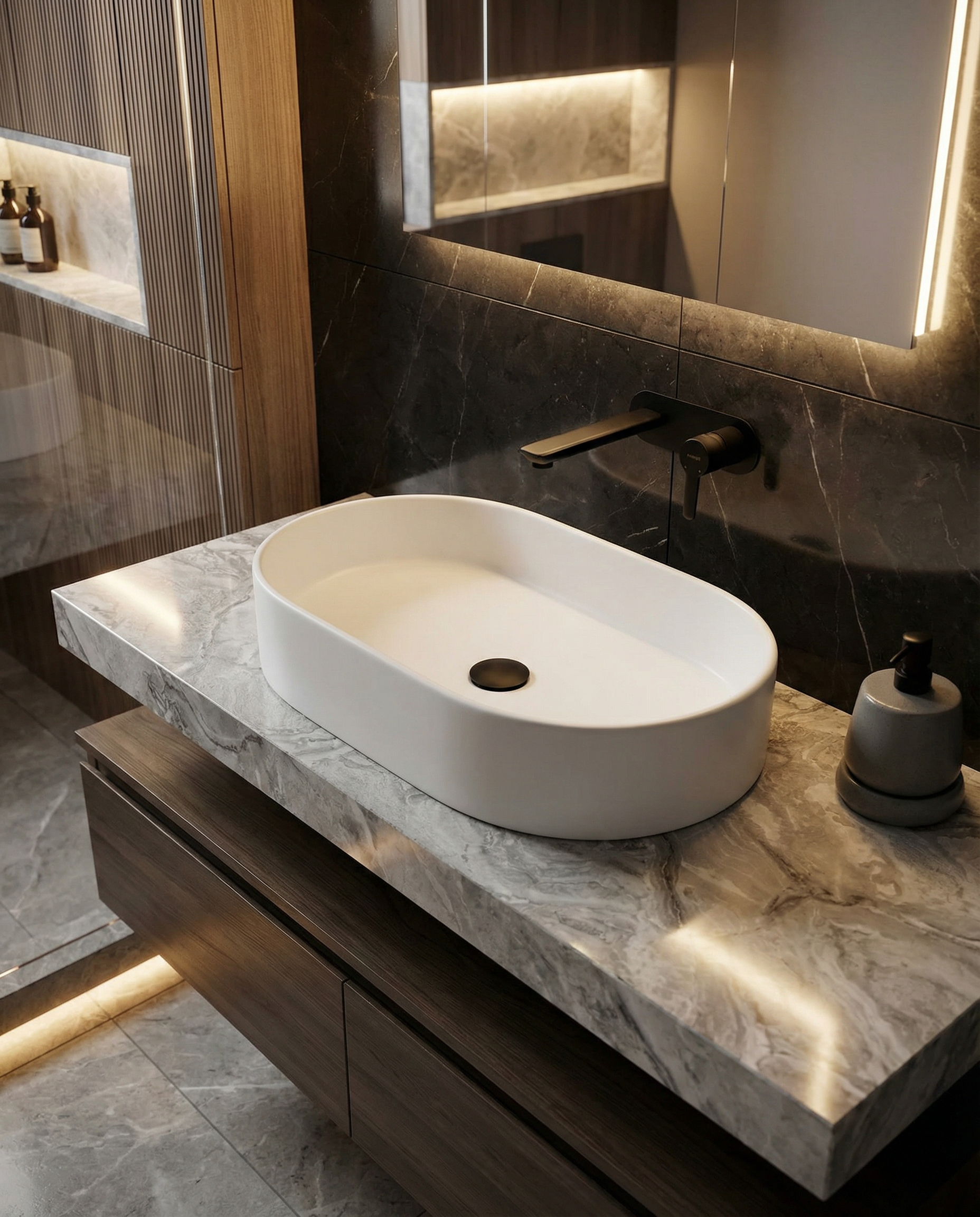 Keraminis ovalus praustuvas Aurora, 60x38x12 cm, matinė balta