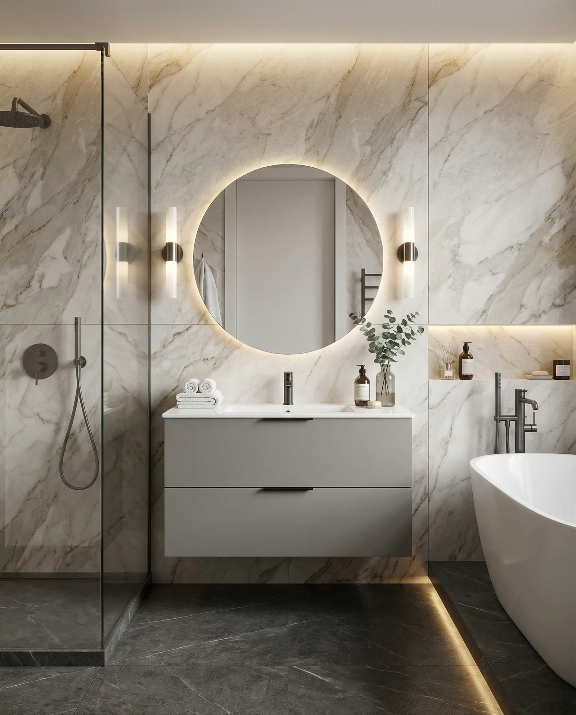 Dviejų stalčių pilkos spalvos vonios spintelė su keraminiu praustuvu