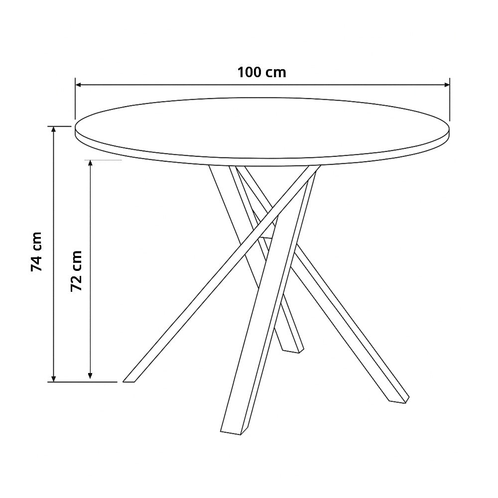 Apvalaus stalo techninis brezinys 100 cm skersmens 74 cm aukscio su stabilia metaline kryziuota konstrukcija