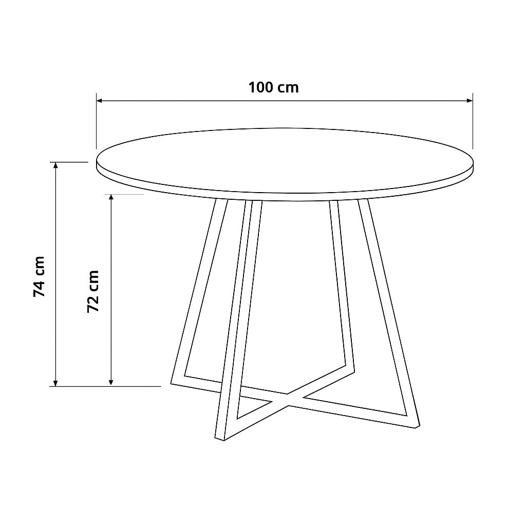 Apvalaus stalo techninis brezinys su matmenimis – 100 cm skersmens, 74 cm aukscio, su metalo konstrukcijos pagrindu