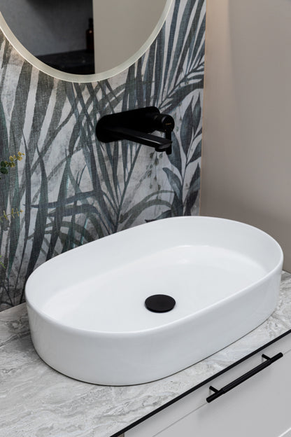 Keraminis ovalus praustuvas Aurora, 60x38x12 cm, blizgi balta