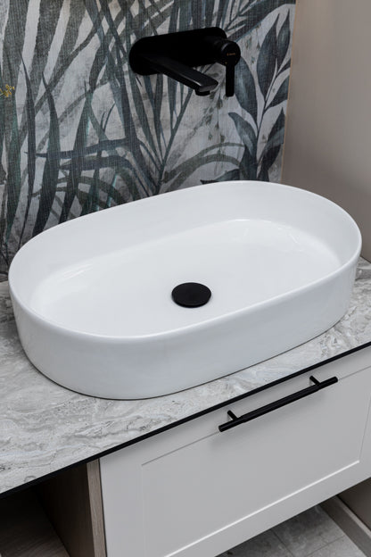 Keraminis ovalus praustuvas Aurora, 60x38x12 cm, blizgi balta