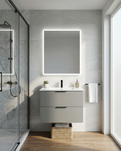 Pakabinama pilkos spalvos vonios spintelė su kriaukle