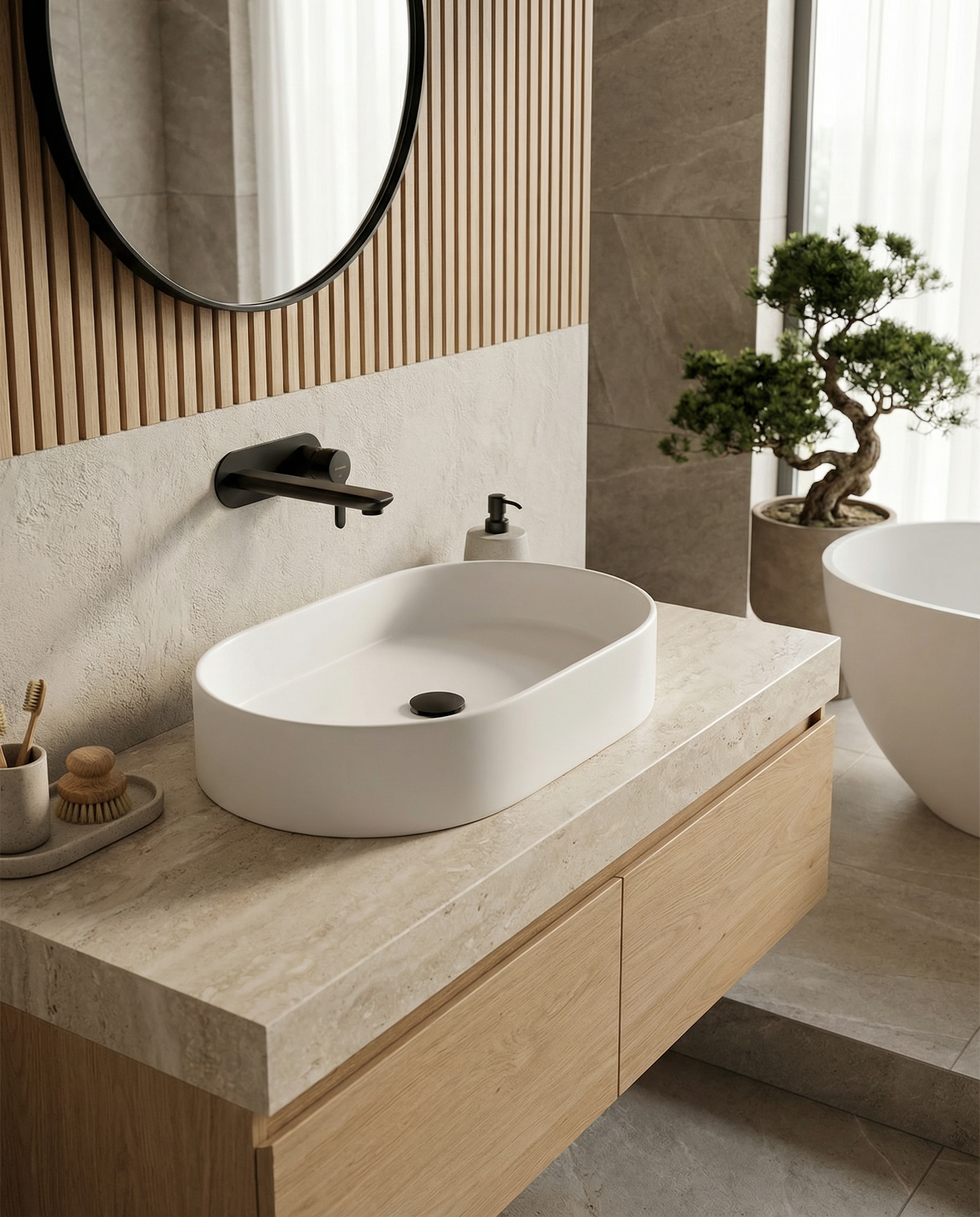 Keraminis ovalus praustuvas Aurora, 60x38x12 cm, matinė balta