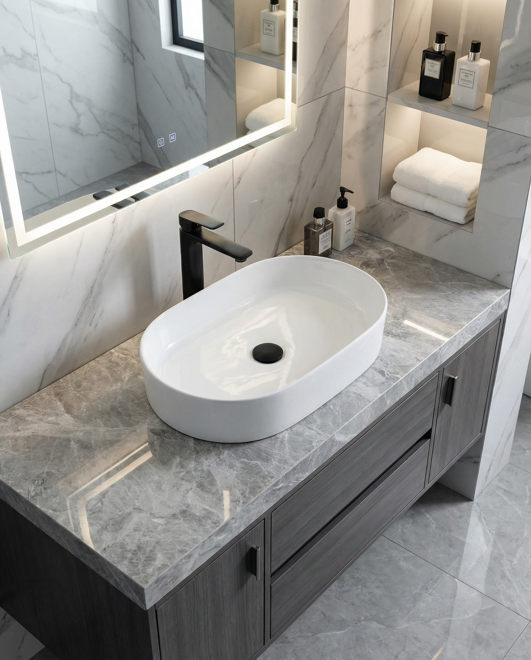 Keraminis ovalus praustuvas Aurora, 60x38x12 cm, blizgi balta