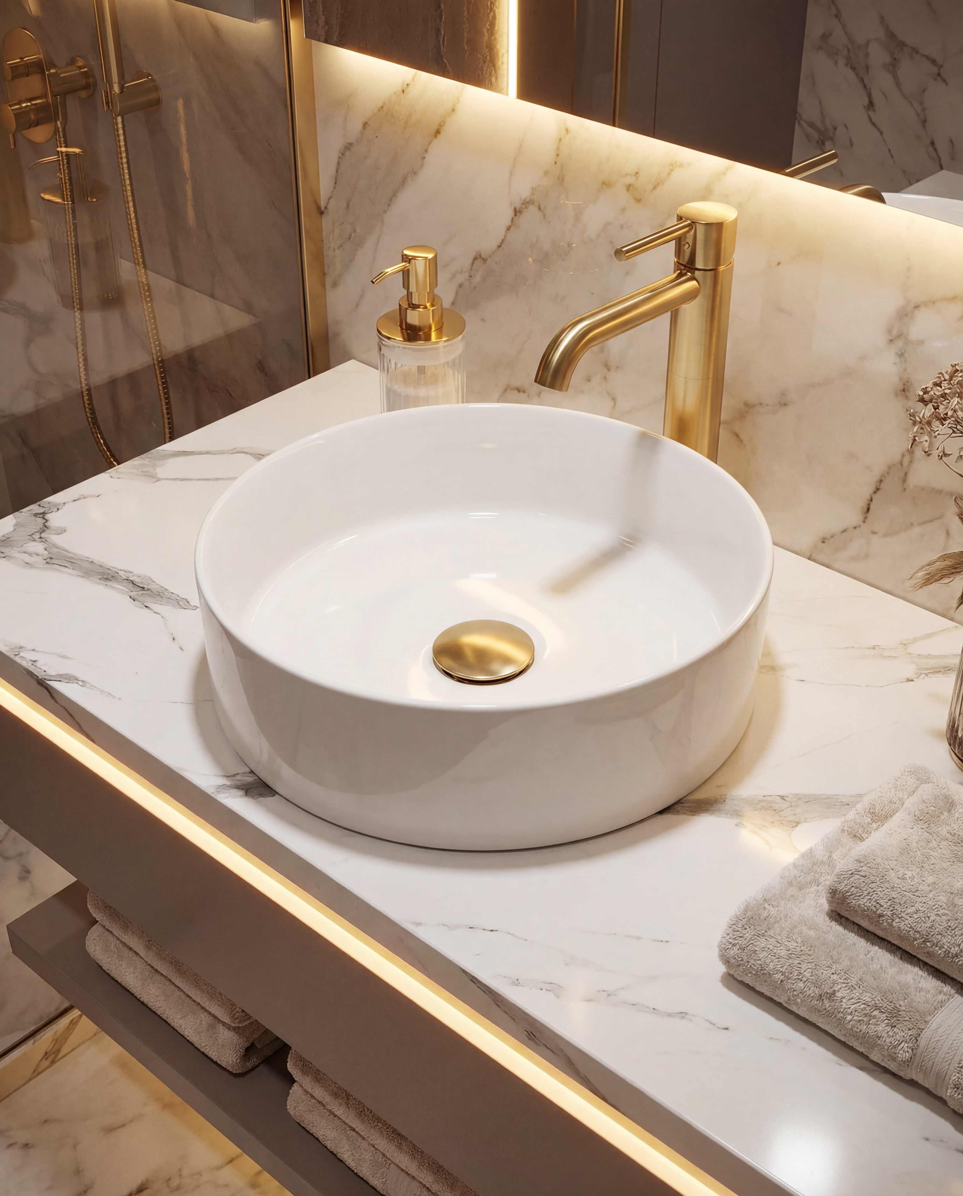 Keraminis apvalus praustuvas Oasis, 35x35x11 cm, blizgi balta