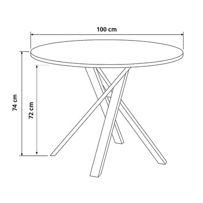 Apvalaus stalo techninis brezinys 100 cm skersmens 74 cm aukscio su stabilia metaline kryziuota konstrukcija