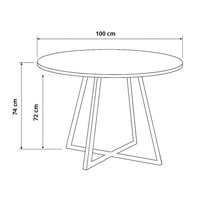 Apvalaus stalo techninis brezinys su matmenimis – 100 cm skersmens, 74 cm aukscio, su metalo konstrukcijos pagrindu